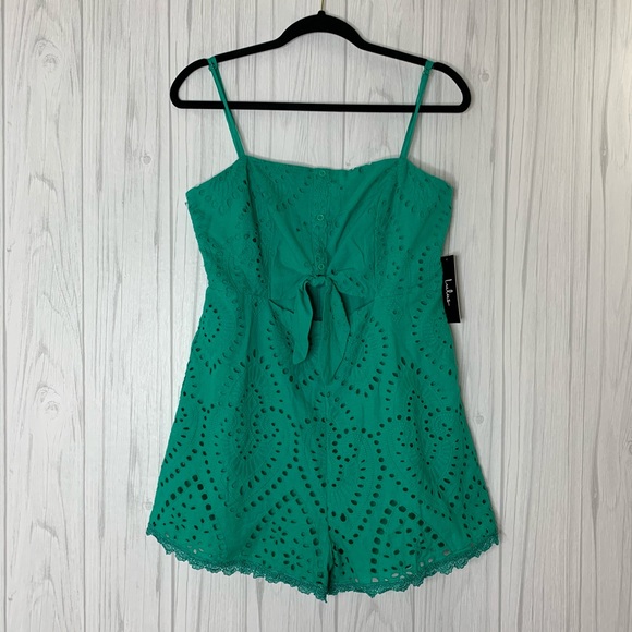 Lulu's Keala Green Tie-Front Eyelet Lace Romper - Picture 3 of 8